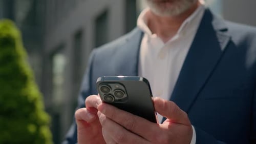Moving Shot Male Hands Holding Smartphone Outdoors Serious Busy Thoughtful Senior Mature Businessman