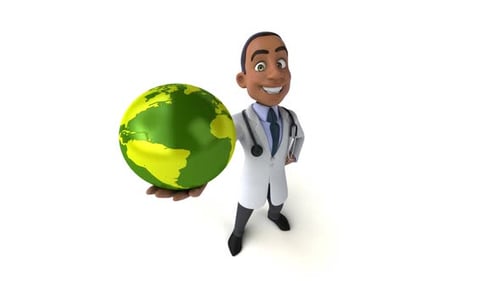 Animated 3D Doctor Character Holding Rotating Earth Globe