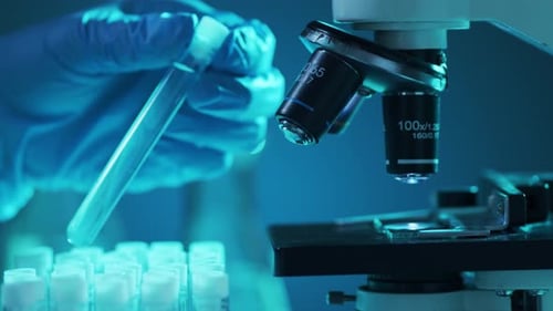 Closeup of Scientific Microscope Laboratory in Hospital Epidemic Disease Healthcare Vaccine Research