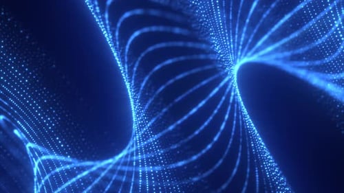 Blue neon dotted grid curving into a vanishing point with dynamic digital symmetry