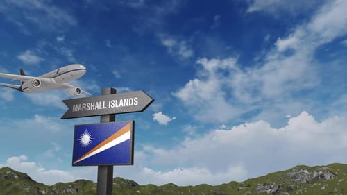 Marshall Islands Flag With Airplane And Arrow Sign