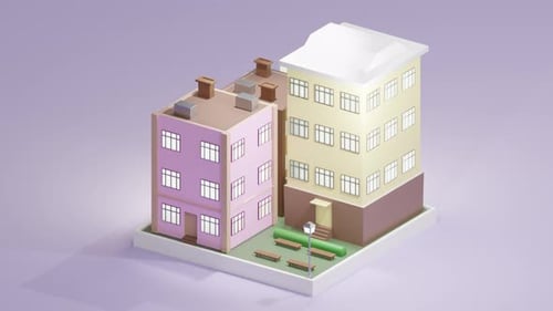 3D looped low poly benches and streetlamp placed near multistory residential building