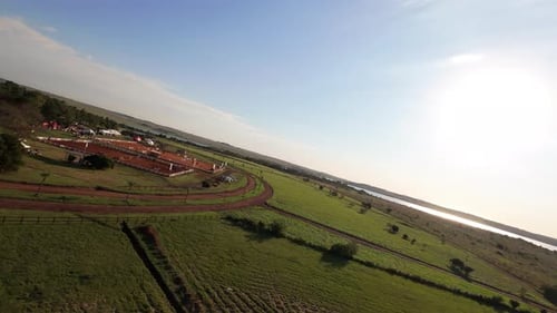 Aerial view of exclusive equestrian sports complex, competition and training track