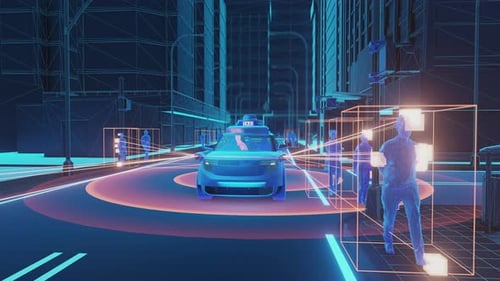Futuristic driverless taxi driving safely in a wireframe city with sensor overlays.