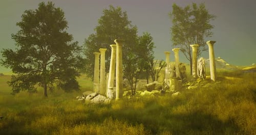 Ruinas antiguas rodeadas de exuberante vegetación en un paisaje tranquilo