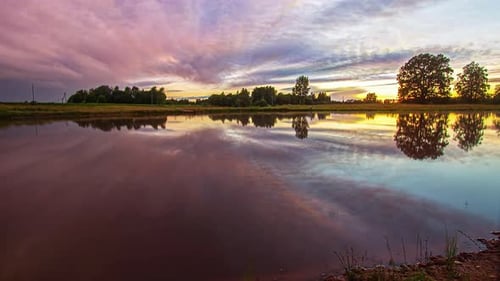 Time-lapse of setting sun in cloudy sky reflecting over lake water surface at sunset. Sky for copy s