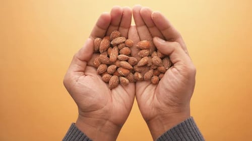 Close Up of Almond Nuts on Man's Hand