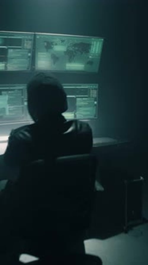 Hacker Working on Multiple Monitors in Dark Room