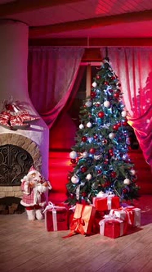 Decorated Christmas Tree with Presents in Cozy Home