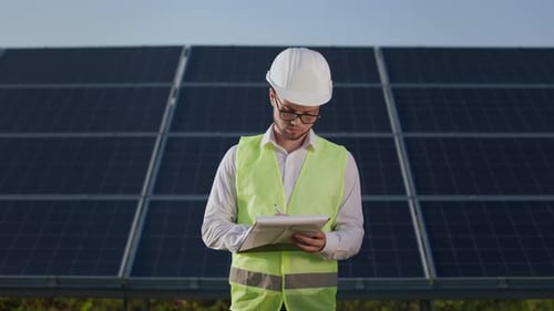 Ingenieur schreibt auf die Zwischenablage und inspiziert Solarpark