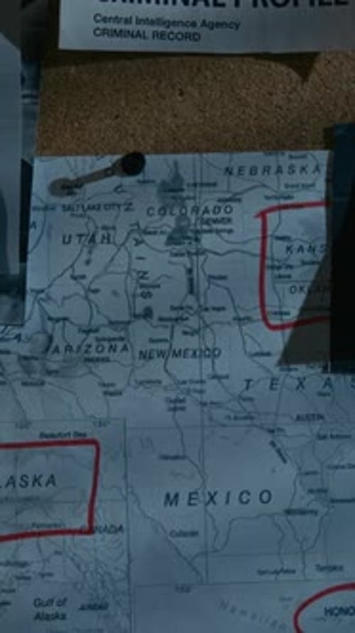 Criminal Investigation Map on Cork Board Zooms In