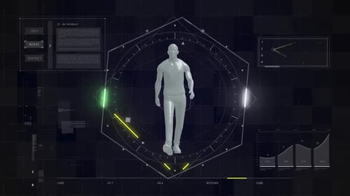 Futuristic HUD Display with Digital Human Model Walking Animation