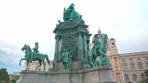 Maria Theresa Monument Outside Natural History Museum In Vienna, Austria. low angle, orbiting shot