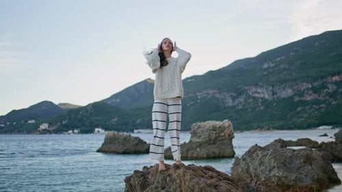 Woman Enjoy Windy Sea Morning Standing Coastal Rocks Relaxed Lady Raising Hands