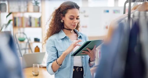 Fashion, employee and woman with a tablet, store and inventory with ecommerce