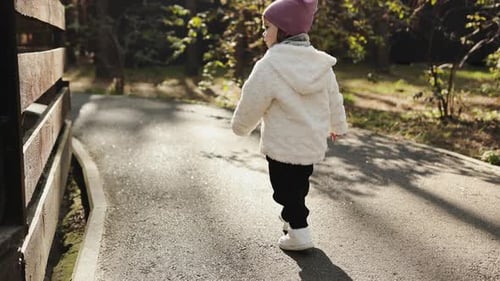 Cute Little Girl Walks Happily on a Beautiful Day Near the Zoo Enclosure and Enjoy Sunny Autumn