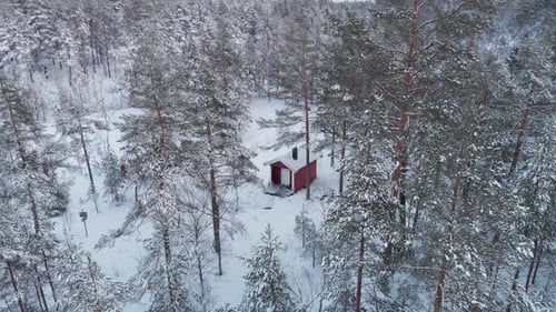 Snowy Forest Cabin Aerial Winter Landscape