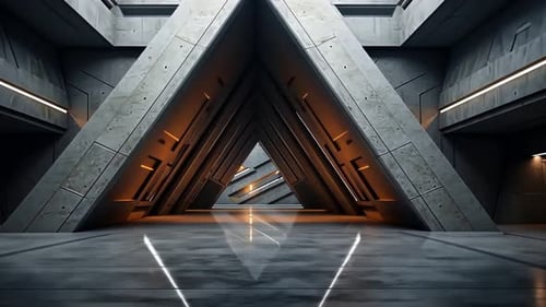 Futuristic concrete corridor with triangular accents
