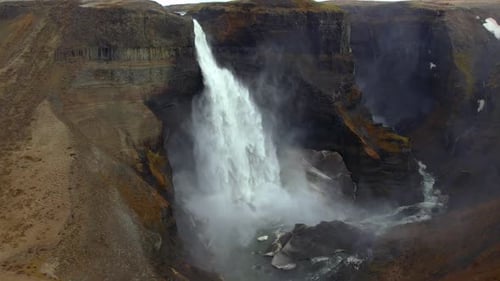 Aerial of Majestic Haifoss Waterfall. Spectacular Scenery of Iceland