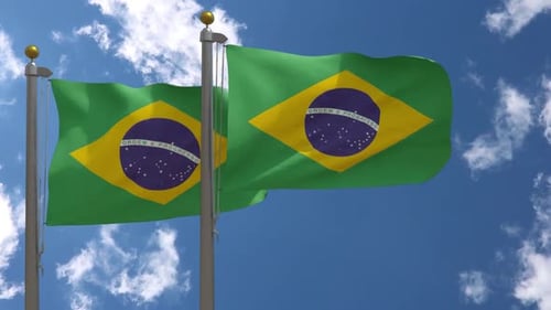 Brazilian Flags Waving in Blue Sky