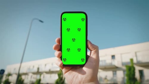 Pov Shot Caucasian Man Looking at Chroma Key Phone in His Hand Walking City Street Smart Phone Green