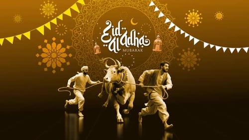 Animated Eid al-Adha Mubarak Greeting with People and Bull