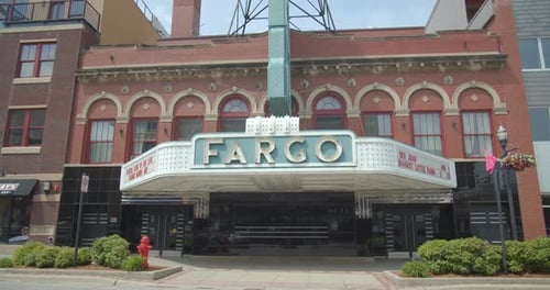 Iconic fargo theatre marquee sign in downtown fargo North Dakota summer day