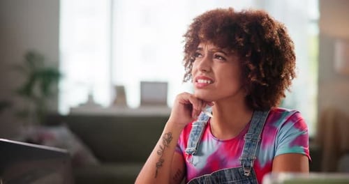 Laptop, confused and girl with thinking of study for college exams, academic solution