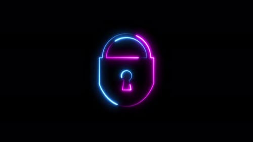 Technology protection icon. Glowing neon lock icon symbolizing uncompressed digital protection.