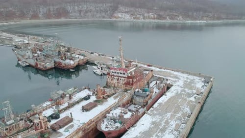 Aerial Drone View of an Old Rusty Ships Moored in the Harbor Abandoned Ships What Pollute the