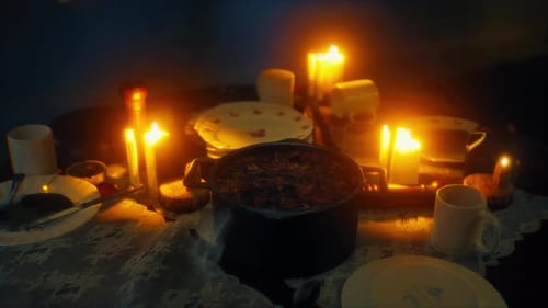 Atmospheric Candlelit Dinner Table Setting with Warm Flickering Flames