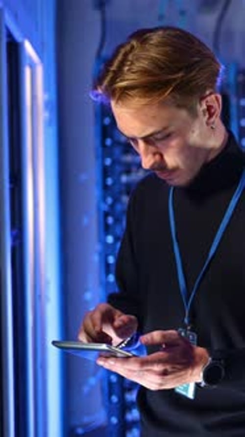 Young Adult Working in a Server Room