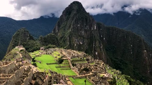 Picchu, Peruvian ancient ruins still view from upfront. Landscape of one of the seven wonders worldw