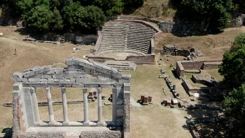 aerial shot of the archaeological park of Apollonia where you can see the structures of the ODEON an