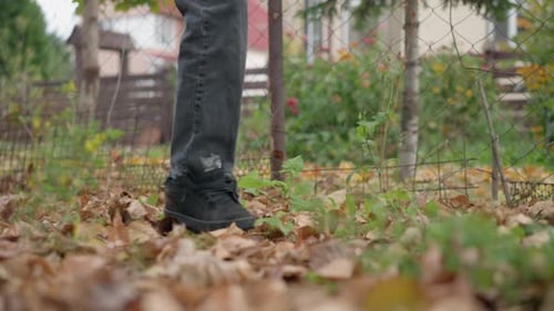 Side View of Child Scattering Dry Autumn Leaves on Forest Floor with Stick
