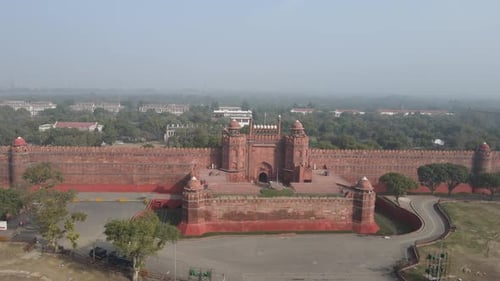 Aerial Drone clip of Red Fort ,Chandni Chowk in Old Delhi india