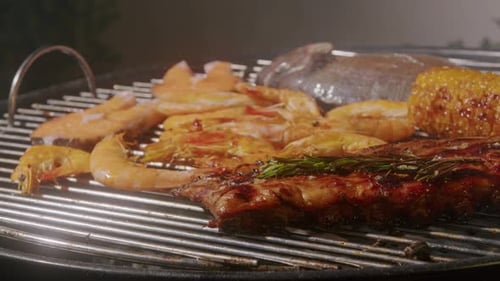 Chef Cooking Shrimps with Oil and Spices on Grill Closeup Prawns on Fire Throwing Them on Pan Dorado