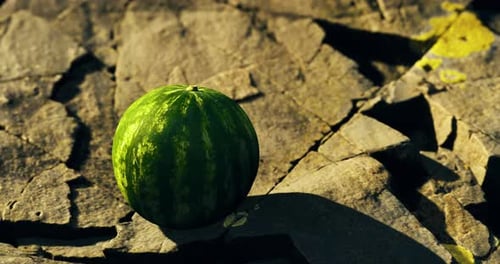 Unique Watermelon Perched on Cracked Rock Under Golden Sunlight in Nature