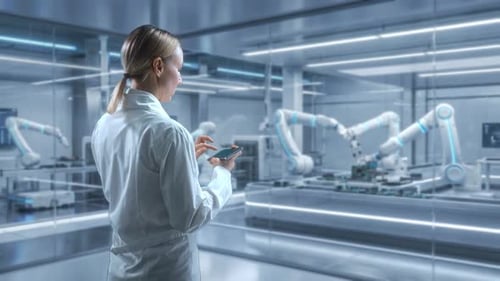 Scientist Monitoring Automated Robotic Arms in a Modern Lab