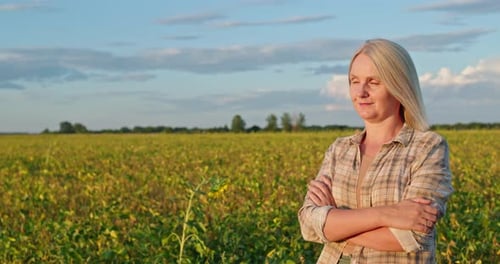 Confident Female Farmer Stands with Arms Crossed in a Soybean Field at Sunset Looking Into the