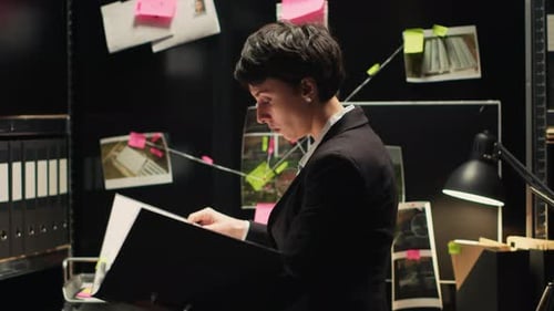 Woman Examines Case Files in Dark Office