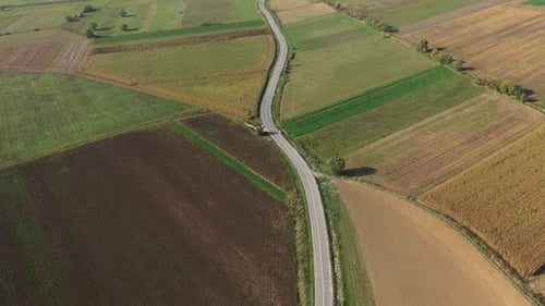Car Driving on a Countryside Road Among Agriculture Fields. Aerial Drone View