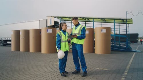 Engineers in a Carton Packaging Factory are Standing Near the Unloading Platform