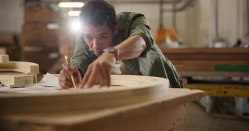 Man, carpenter and measure design in workshop for construction, manufacture