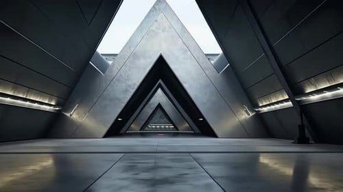 Futuristic, angular hallway with triangular architectural design
