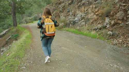 Following a Young Female Traveler, She Walks Along a Rocky Mountain Road Amidst Trees.