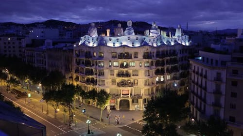 Barcelona Casa Mila la pedrera building by Gaudi timelapse at sunrise