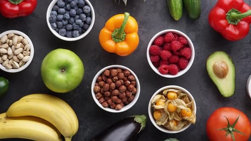 Overhead Fruits and Vegetables Zooming Out on Table