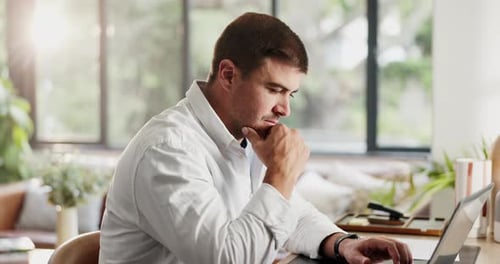 Creative, freelancer and man with laptop, home office and copywriting on social media