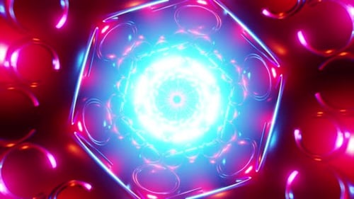 Magenta Kaleidoscope Tunnel VJ Loop with Glowing Cyan Core and Rotating Rings